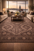 Atlas Series Carpet Dark Grey Uşak Pattern Fringed Lyocell Textured Special Loom Living Room Carpet