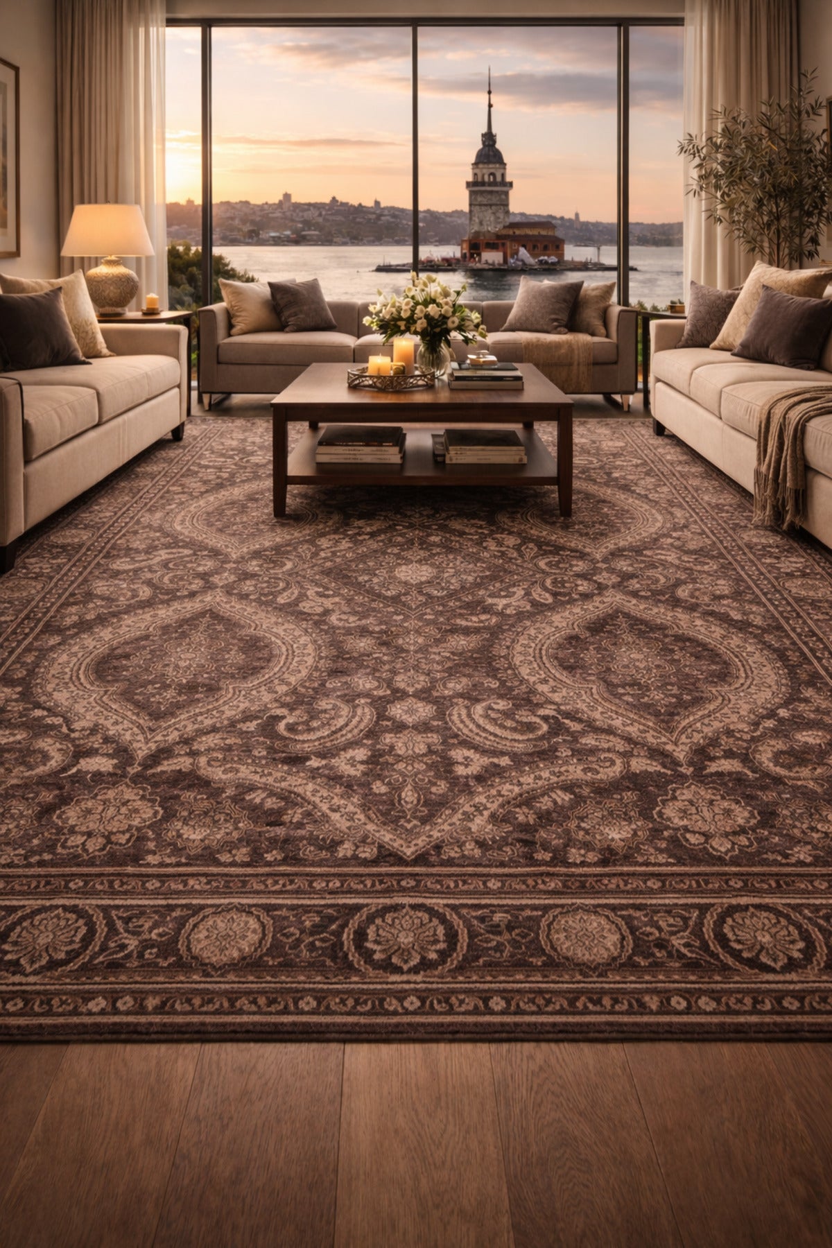 Atlas Serisi Halı Koyu Gri Uşak Desen Saçaklı Lyocell Dokulu Özel Tezgah Salon Halısı