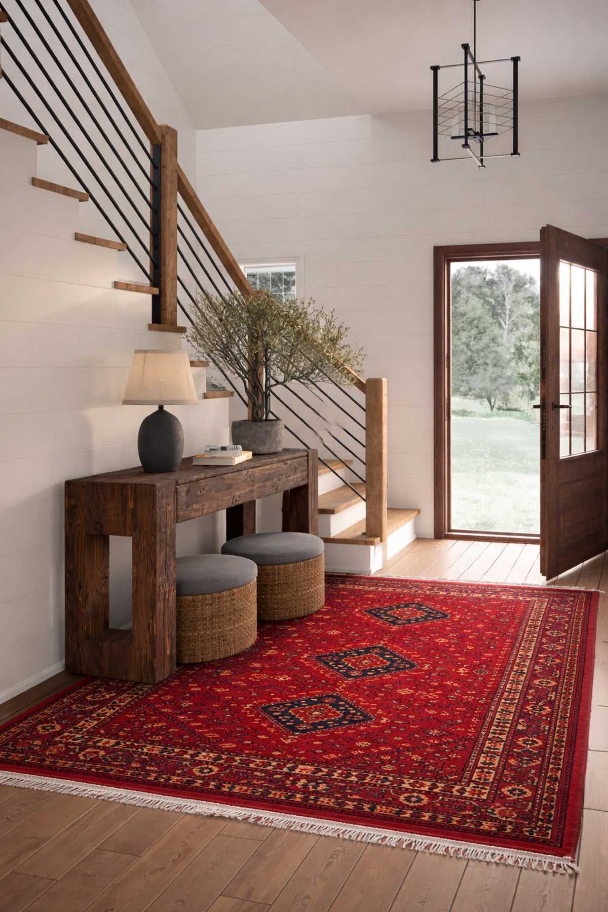 Sahra Vintage El Emeği Kırmızı Retro Etnik Desenli Saçaklı Lüks Klasik Uşak Salon Halısı