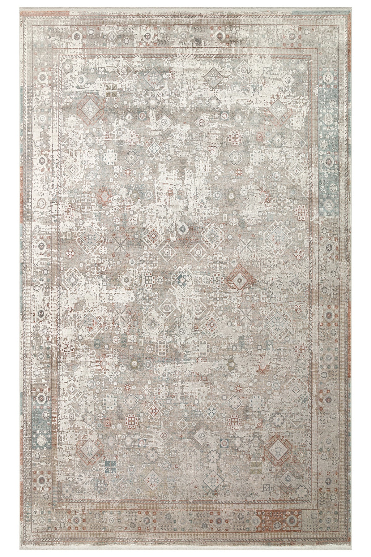 Toscana Etnik Desenli Gri Vintage OverDyed Klasik Dokuma Rayon Viskon Yumuşak Dokulu Salon Halısı