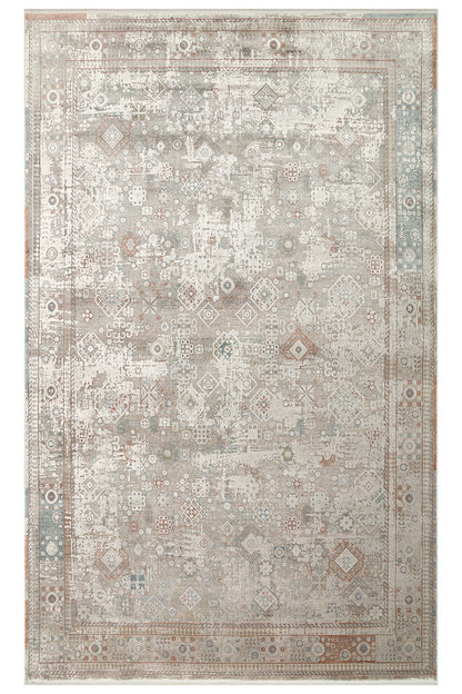 Toscana Etnik Desenli Gri Vintage OverDyed Klasik Dokuma Rayon Viskon Yumuşak Dokulu Salon Halısı