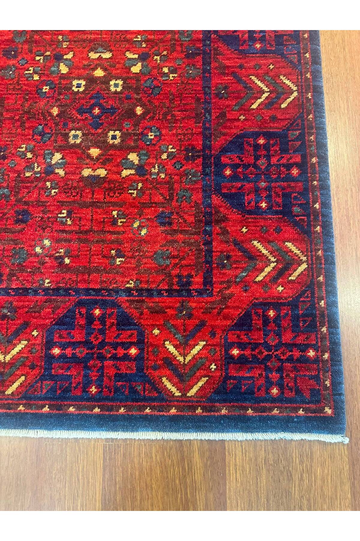 Afgan Desenli El Dokuma Halı Etnik Kırmızı Bordo Lacivert Motifli Geleneksel Vintage Salon Halısı - Turkuaz