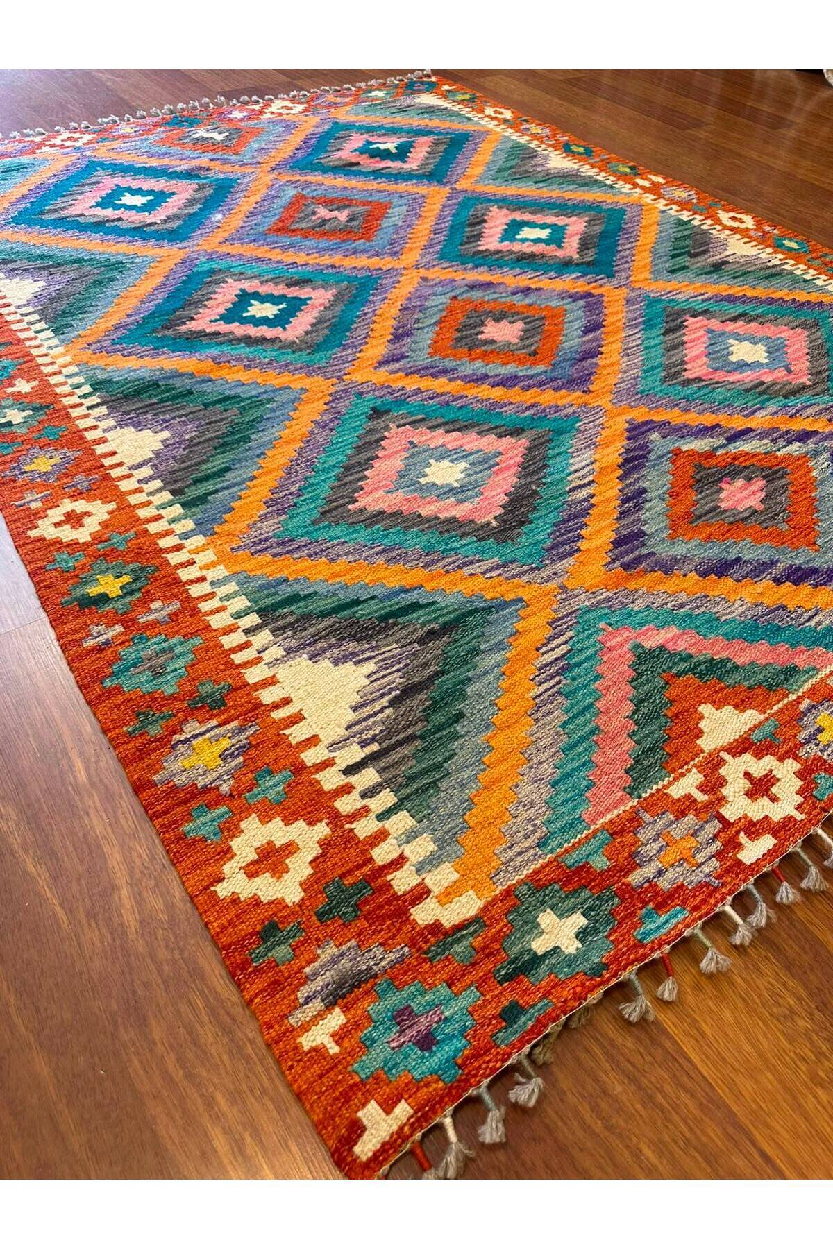 EFSANE Kök Boya El Dokuma Kilim Etnik Vintage Anadolu Desenli Bohem Salon Dekoratif Kilim - Kırmızı