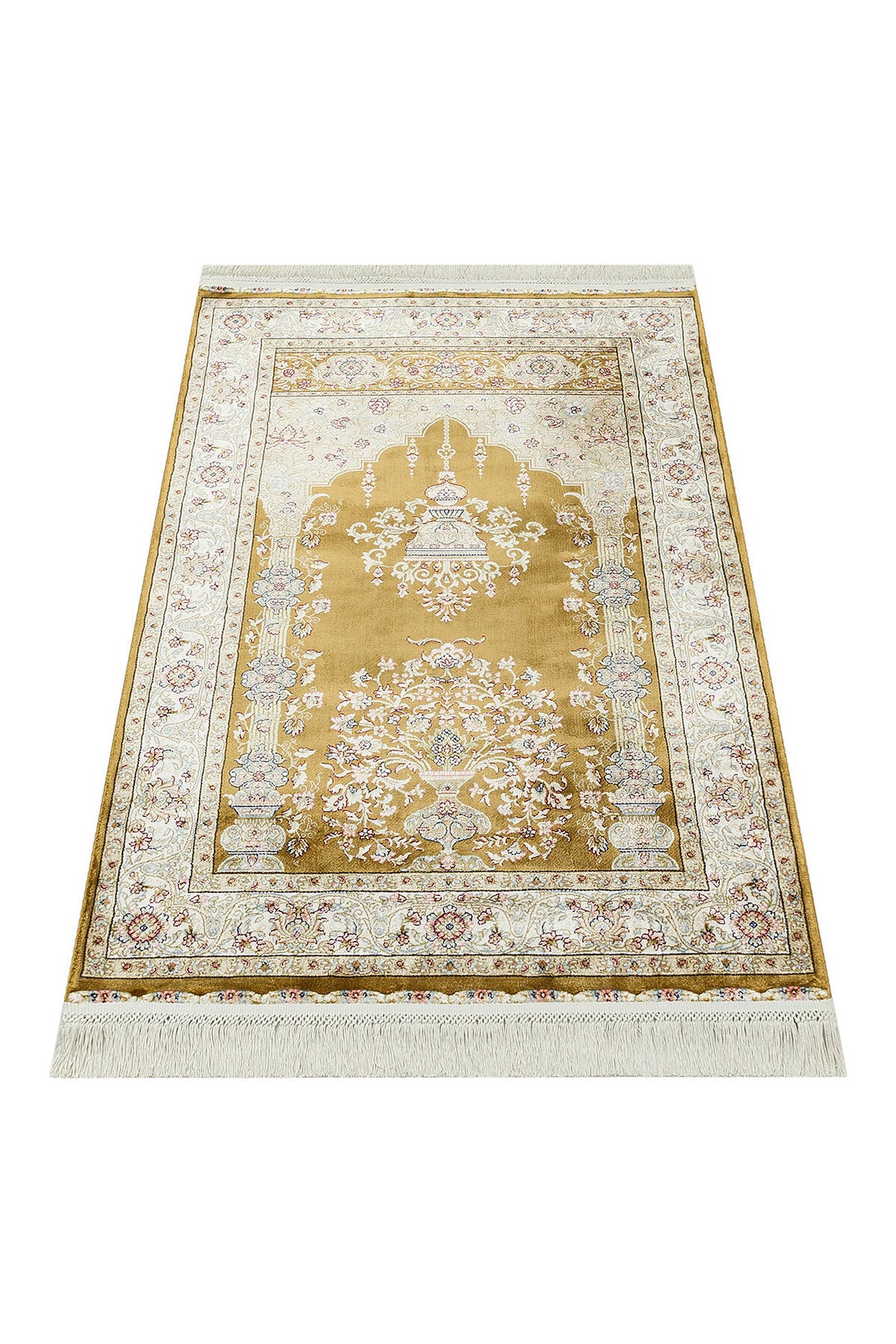 Harem Altın Seccade Viskon Klasik Desenli Otantik Saçaklı Gold Sık Dokuma Lüks Namaz Seccadesi - Altın