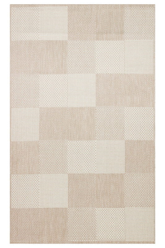 MERLİN Bej Patchwork Desenli Kaymaz Tabanlı Kilim Modern İskandinav Hav Vermeyen Salon Antre Halısı - Bej