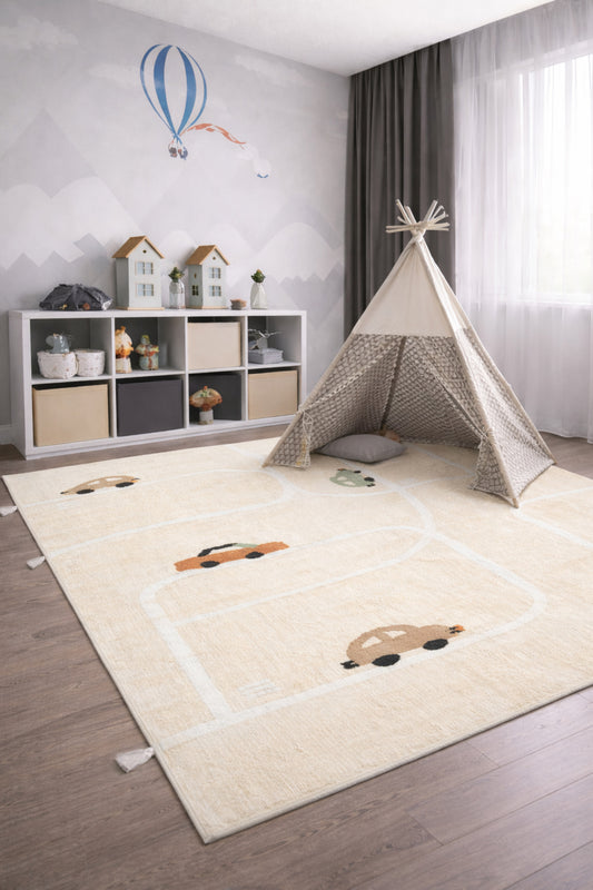 Bonny Araba Desenli Çocuk Odası Halısı Pamuk İçerikli Yıkanabilir Kaydırmaz Taban Yumuşak Yüzeyli - Turkuaz