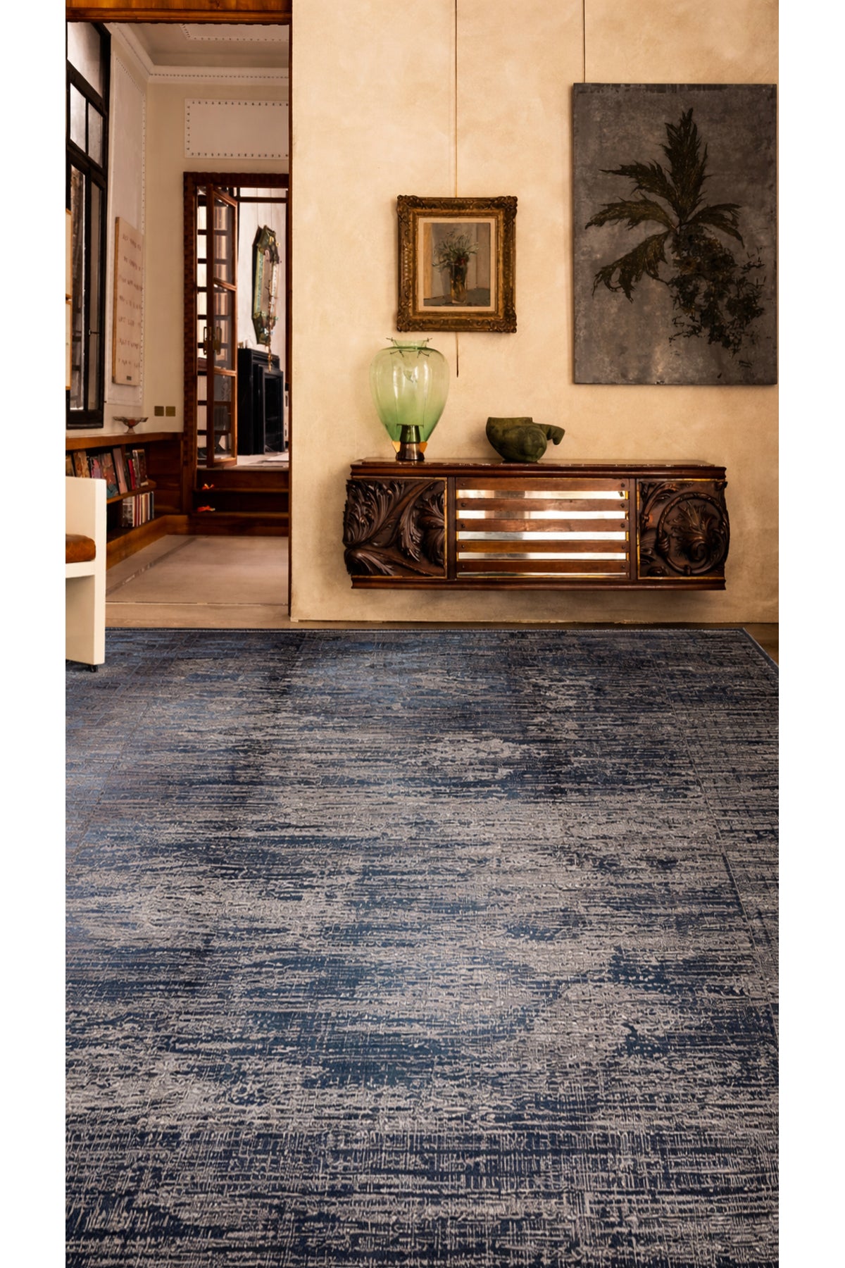 Lidya Dyed Vintage Çerçeveli Lacivert Gümüş Dokulu Parlak Sık Dokuma Klasik Salon Halısı