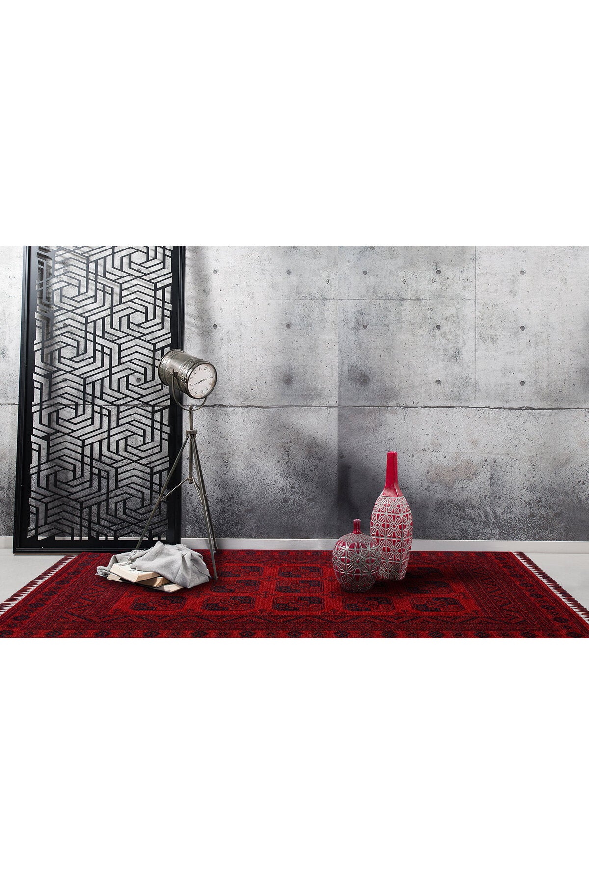 SAFİR Kırmızı Afgan Desenli Kaymaz Taban Yıkanabilir Etnik Dokuma Klasik Modern Salon Halısı - Kırmızı