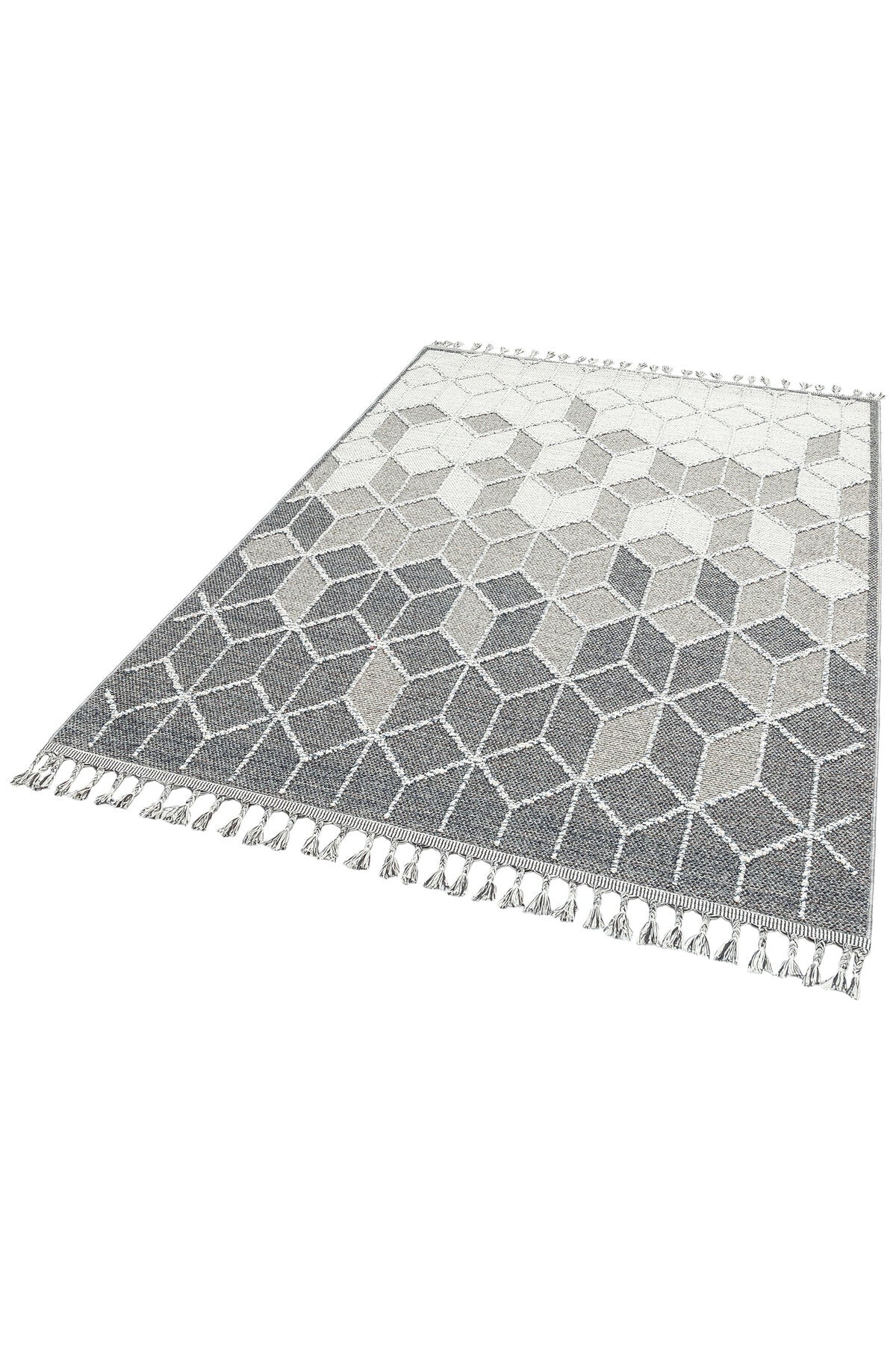 KELY Gri Geometrik Desenli Dokulu Modern Halı Hav Vermez Dokuma Salon Mutfak Koridor Halısı - Metalik
