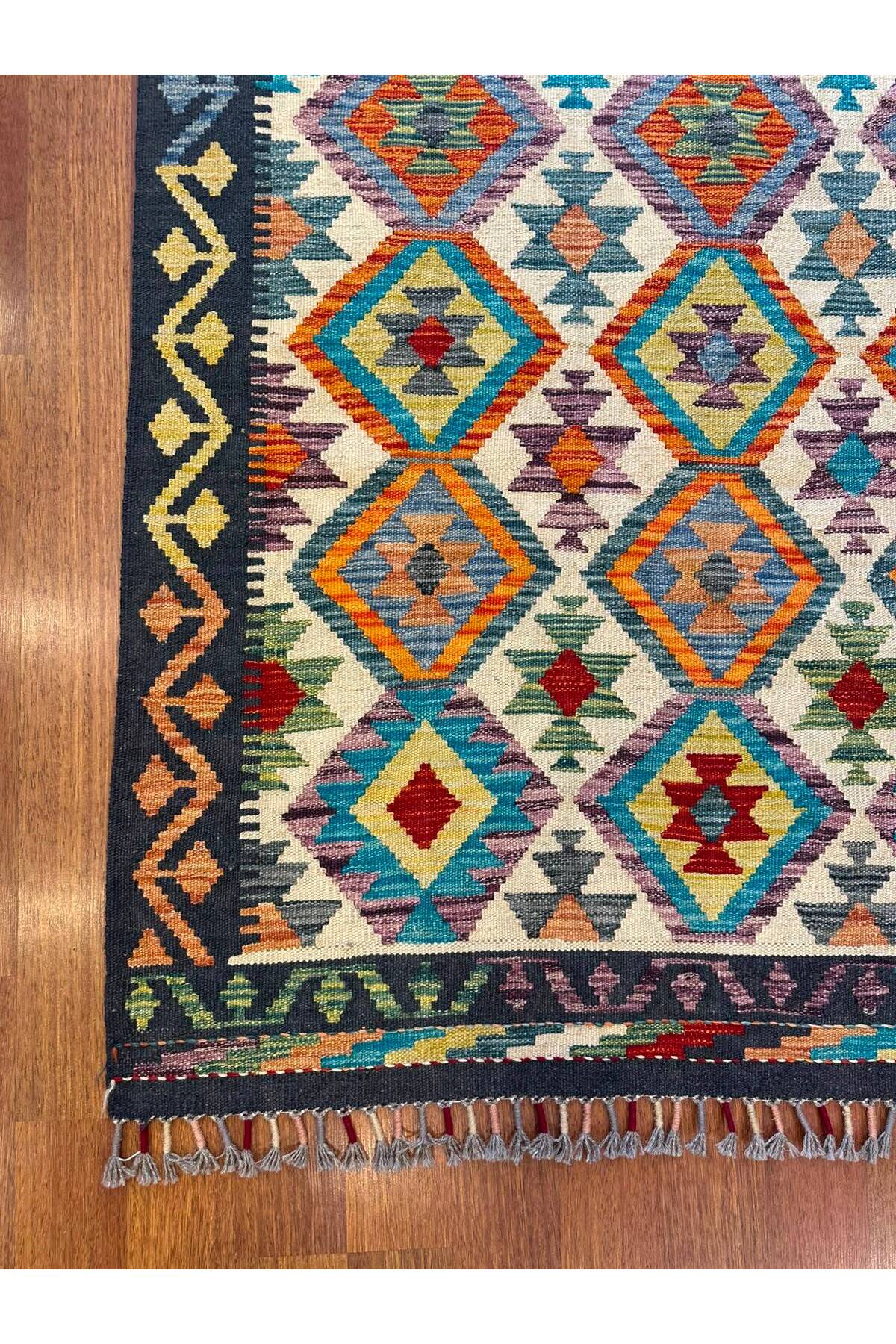EFSANE El Dokuma Anadolu Desenli Kök Boya Kilim Vintage Etnik Bohem Salon Dekoratif Kilim - Turuncu