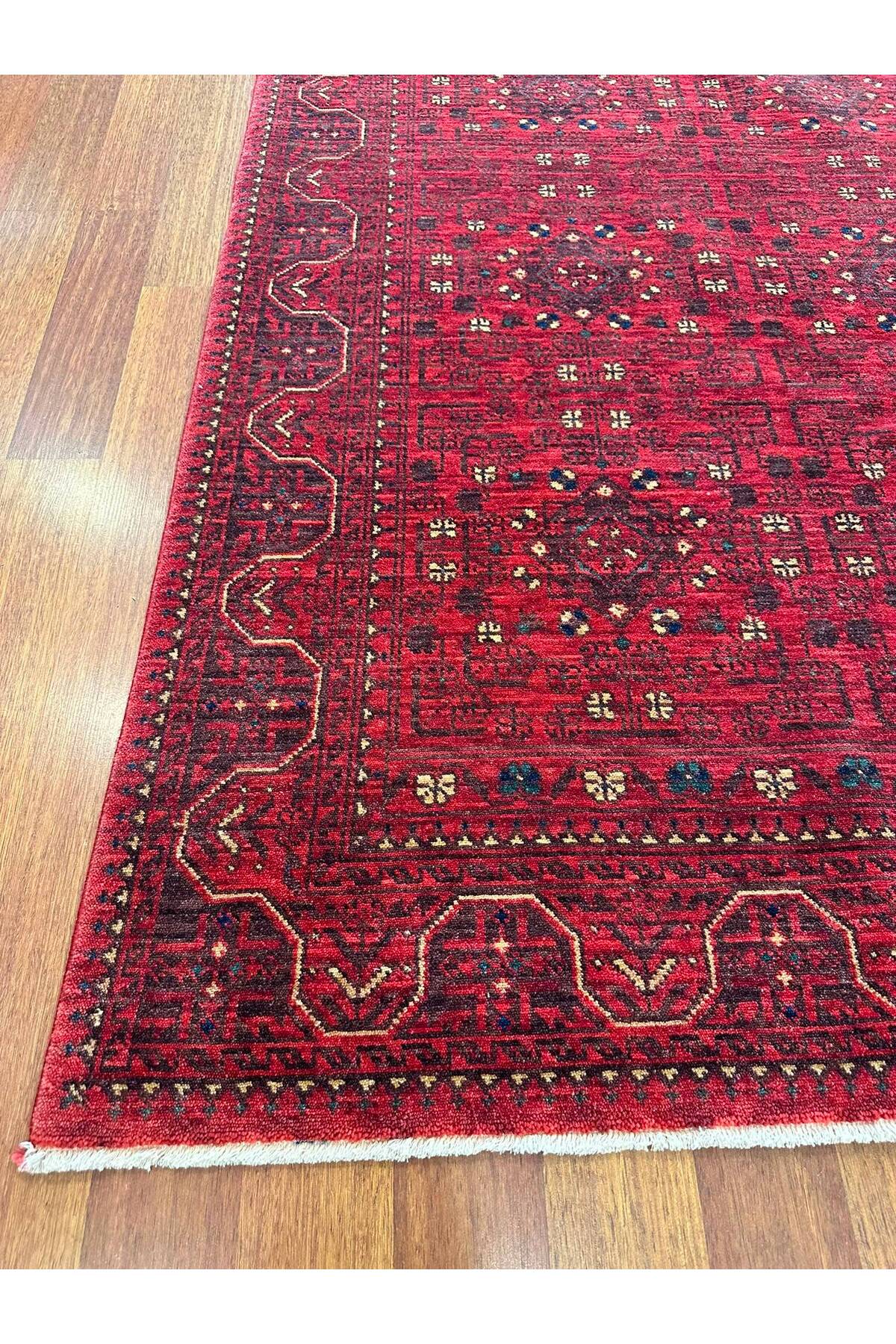 Afgan Desenli El Dokuma Halı Bordo Kırmızı Etnik Geometrik Motifli Geleneksel Vintage Salon Halısı - Yeşil
