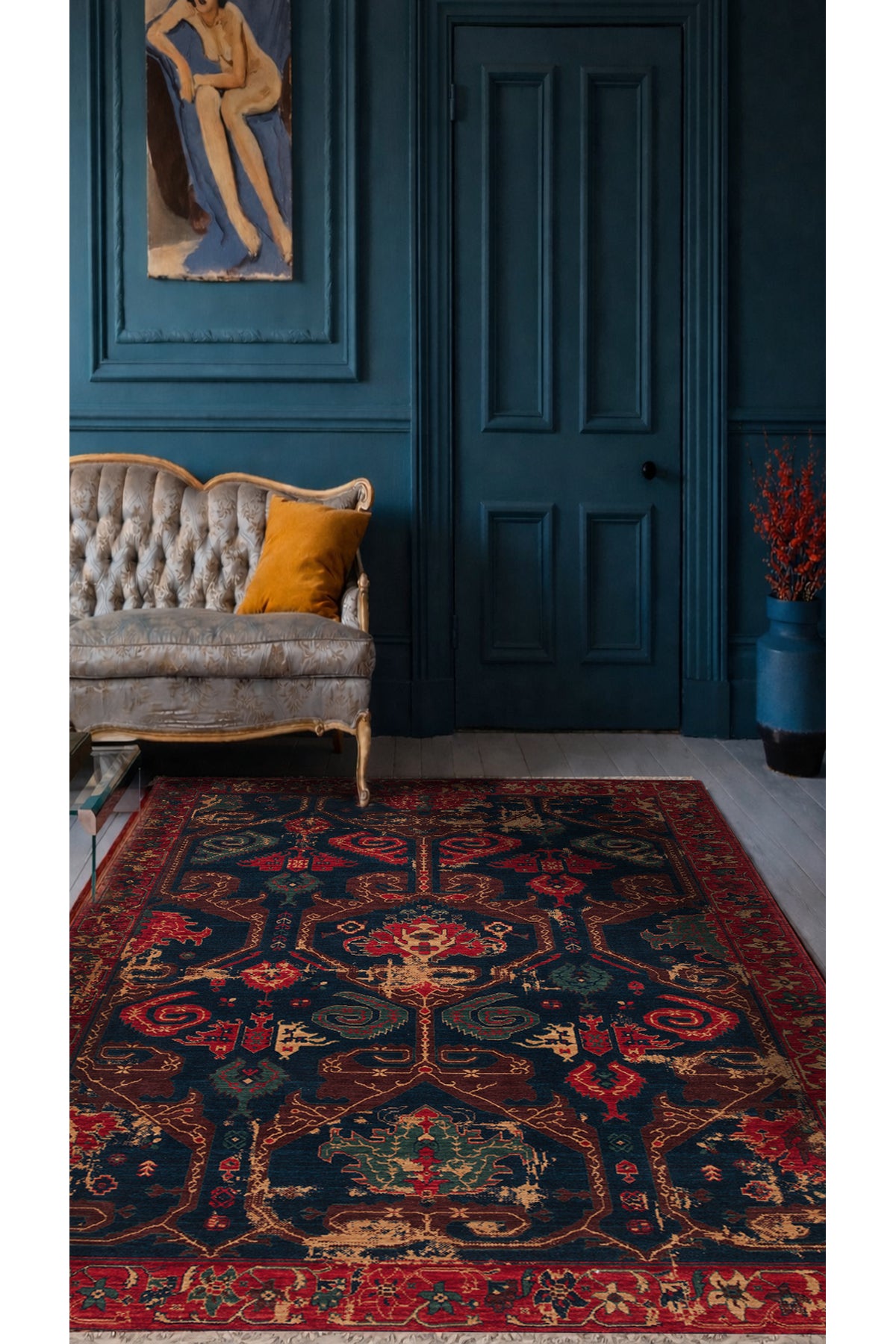 Rönesans El Emeği Etnik Motifli Kırmızı Yün Geleneksel Desen Vintage Yatak Odası Salon Halısı