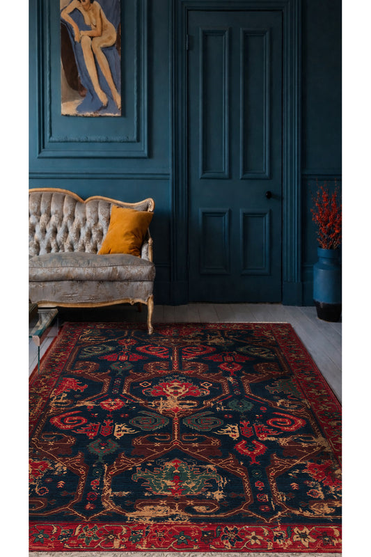 Rönesans El Emeği Etnik Motifli Kırmızı Yün Geleneksel Desen Vintage Yatak Odası Salon Halısı