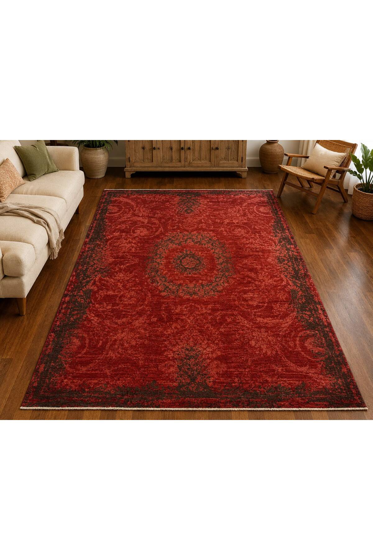 Vintage El Dokuma Kırmızı Eskitme Desenli Motifli Salon Yatak Odası Premium Dekoratif Halı - Haki