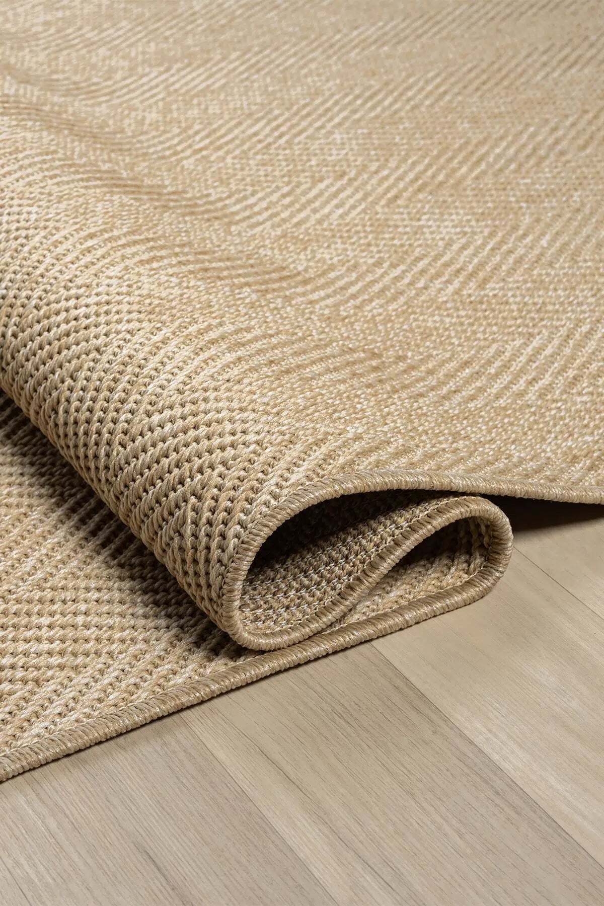 KORDANO Bej Balık Sırtı Dokulu Sisal Modern Kilim Kolay Temizlenebilir İskandinav Salon Halısı - Turkuaz