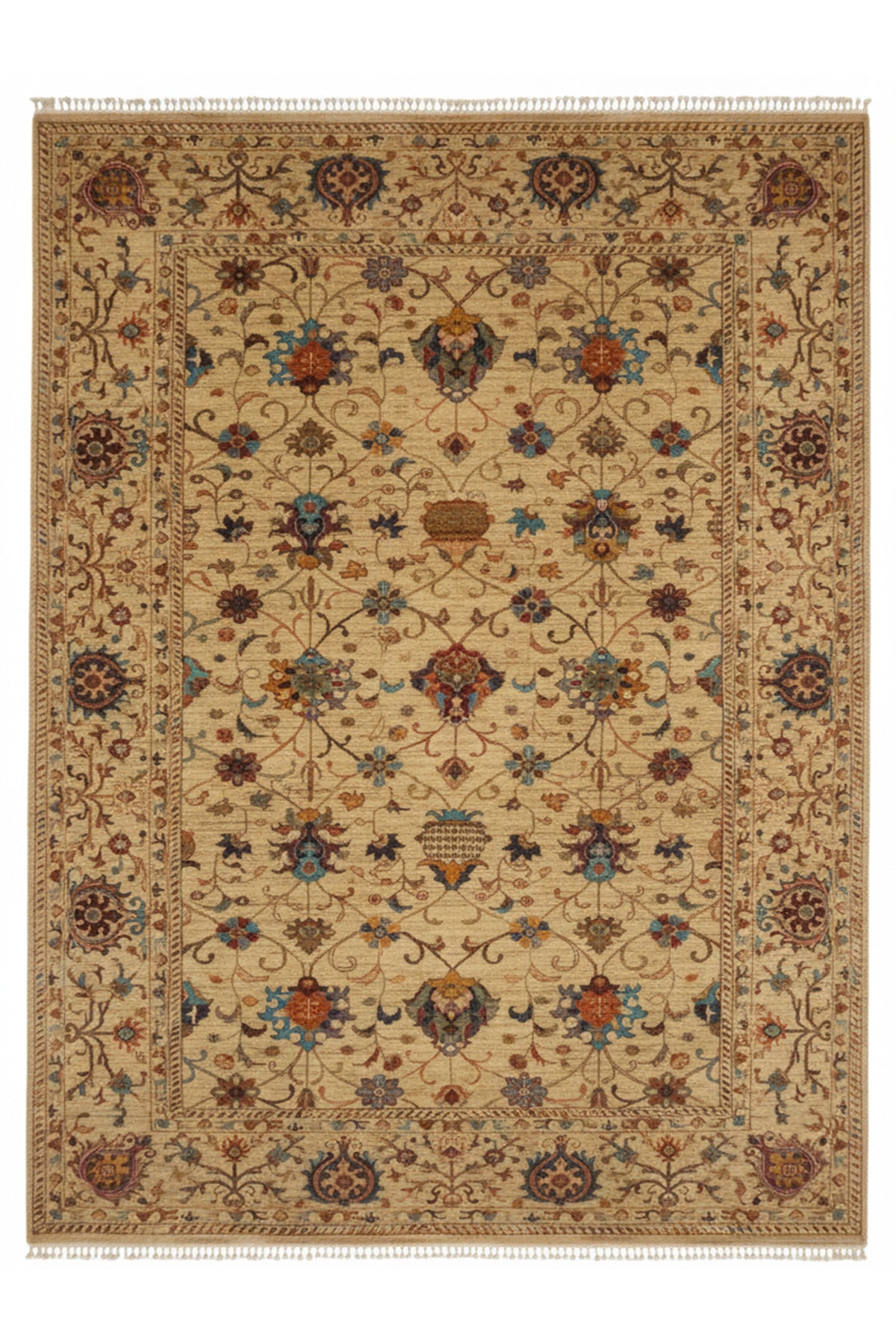 Sultani El Emeği Bej Anadolu Motifli Desenli Saçaklı Modern ve Geleneksel Salon Halısı - Bej