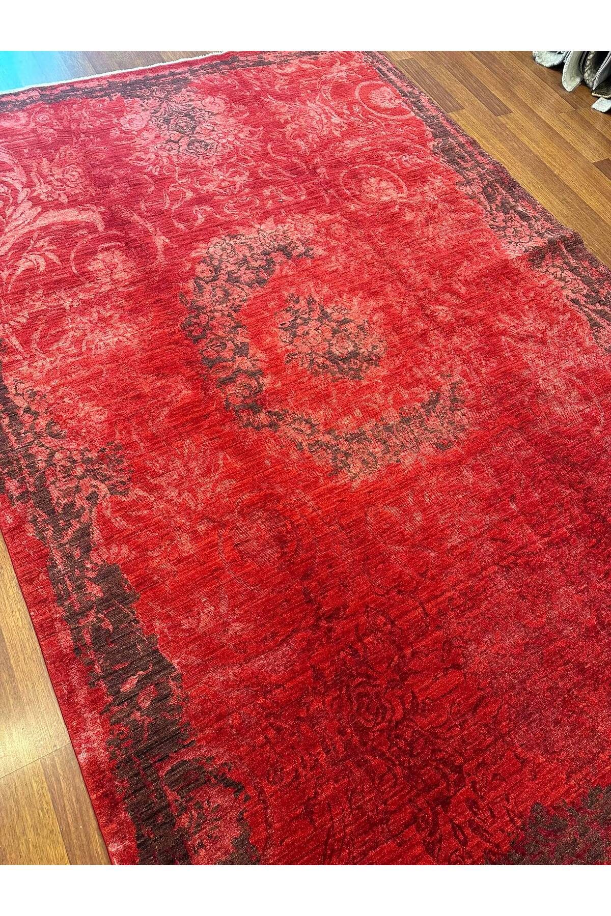 Vintage El Dokuma Kırmızı Eskitme Desenli Motifli Salon Yatak Odası Premium Dekoratif Halı - Haki