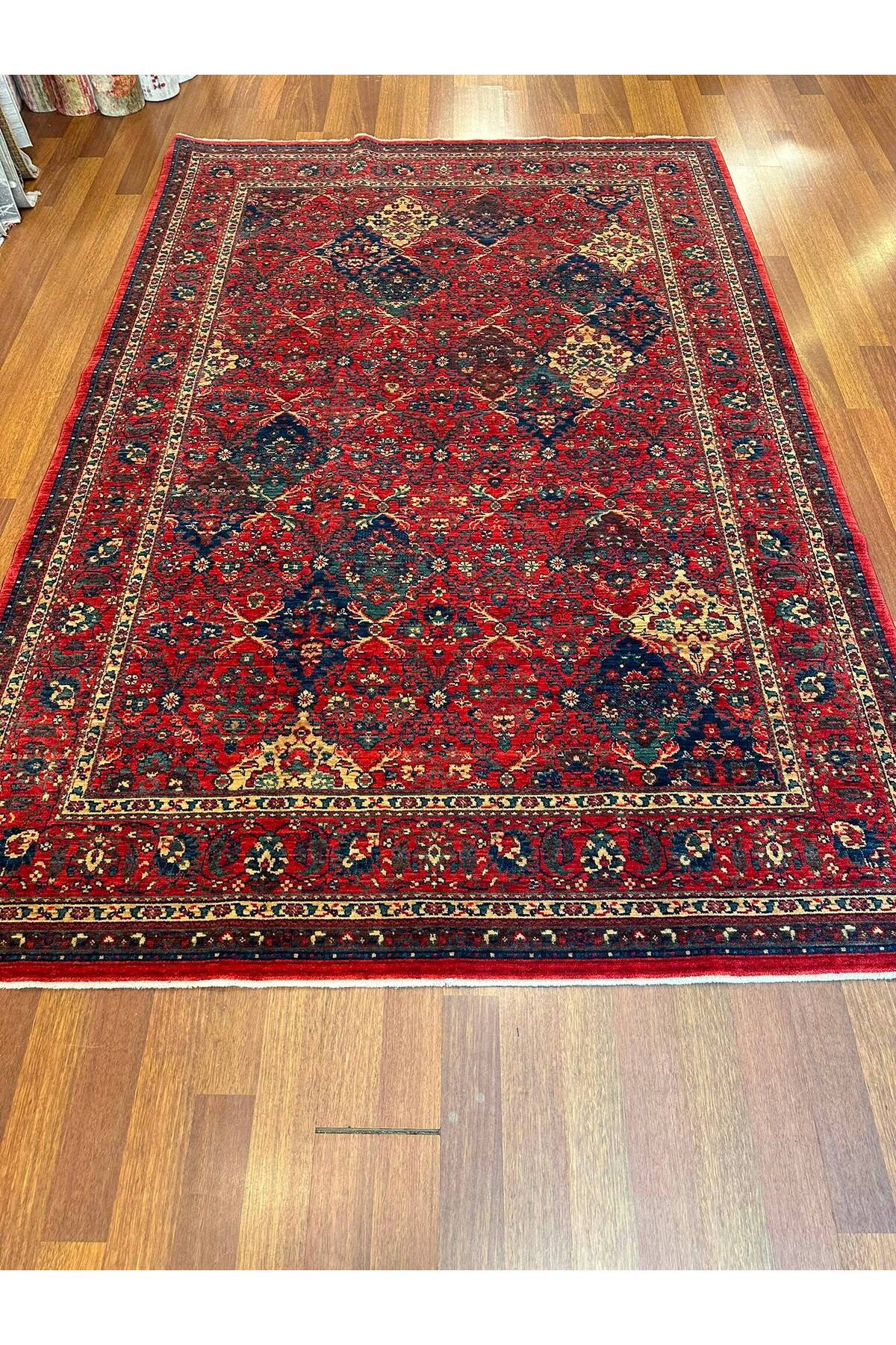 Geleneksel Desenli El Dokuma Halı Kırmızı Bordo Lacivert Madalyon Motifli Vintage Salon Halısı - Siyah