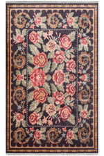 VERDA Floral Pattern Non-Slip Washable Black Rug Antique Modern Thin Living Room Rug