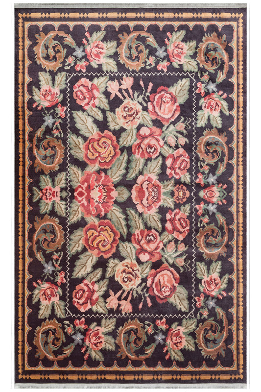 VERDA Floral Pattern Non-Slip Washable Black Rug Ancient Modern Thin Living Room Rug - Black