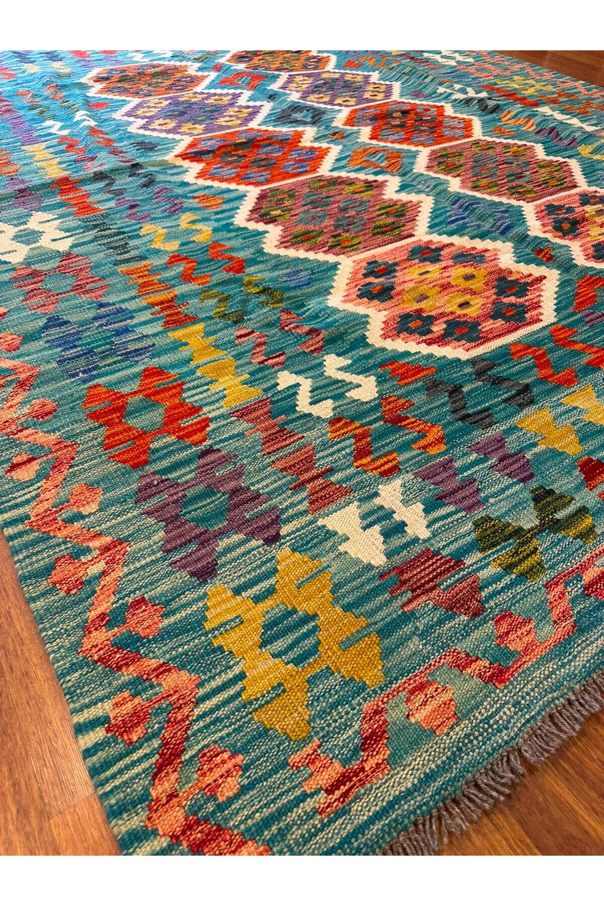 EFSANE Etnik Kök Boya El Dokuma Anadolu Desenli Kilim Vintage Bohem Salon Dekoratif Kilim - Mavi
