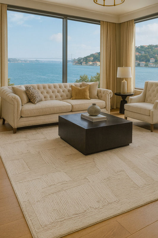 Royal Taş Rengi Çizgi Desenli Modern Parlak Viskon Halı Yumuşak Lüks Salon Halısı - Taş Rengi