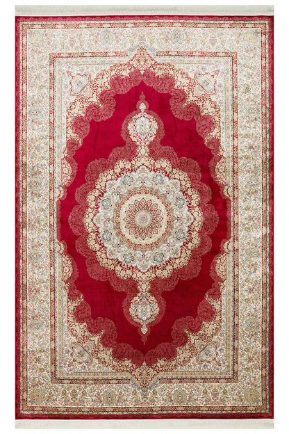 İpek Harem Serisi Bambu İplik Kırmızı Salon Halısı Klasik Desenli Sık Doku Doğal Yumuşak Dokulu