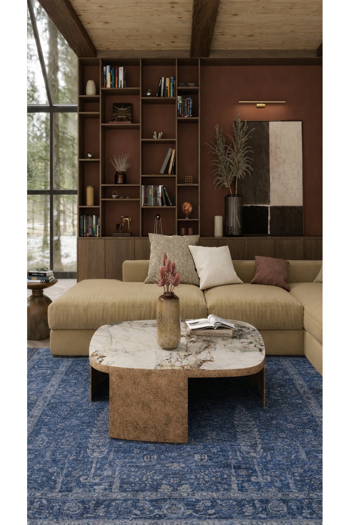 Antik Pers Vintage Klasik Lacivert Hayat Ağacı Desenli Retro Polyester Modern Otantik Salon Halısı