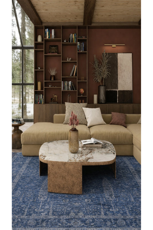 Antik Pers Vintage Klasik Lacivert Hayat Ağacı Desenli Retro Polyester Modern Otantik Salon Halısı