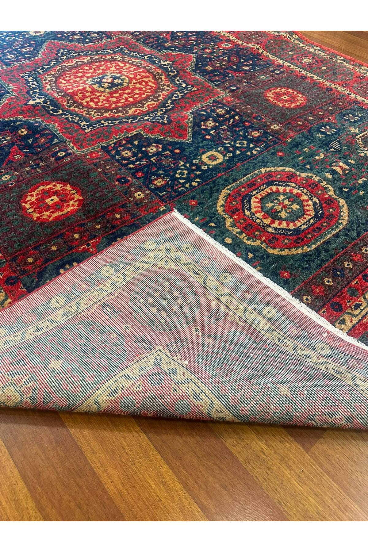 Memlük Desenli El Dokuma Halı Kırmızı Lacivert Yeşil Motifli Geleneksel Vintage Salon Halısı - Mor