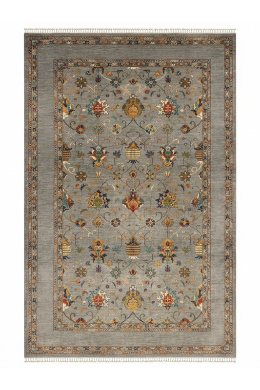 Sultani Handmade Grey Anatolian Motif Patterned Fringed Modern and Traditional Living Room Rug - Grey