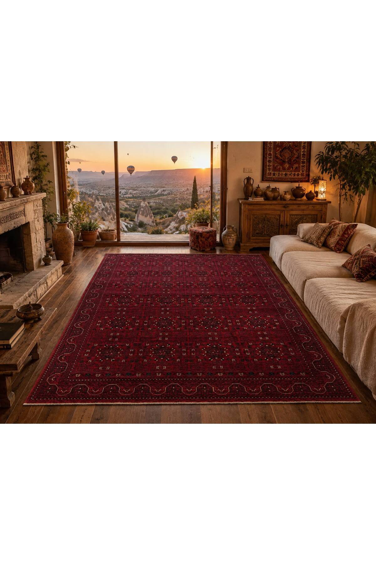Afgan Desenli El Dokuma Halı Bordo Kırmızı Etnik Geometrik Motifli Geleneksel Vintage Salon Halısı - Yeşil
