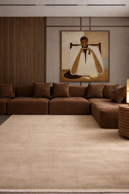 Alva Açık Bej Tek Renk Düz Modern Sade Minimal Klasik Saçaklı Koridor, Oturma Odası, Salon Halısı - Sarı