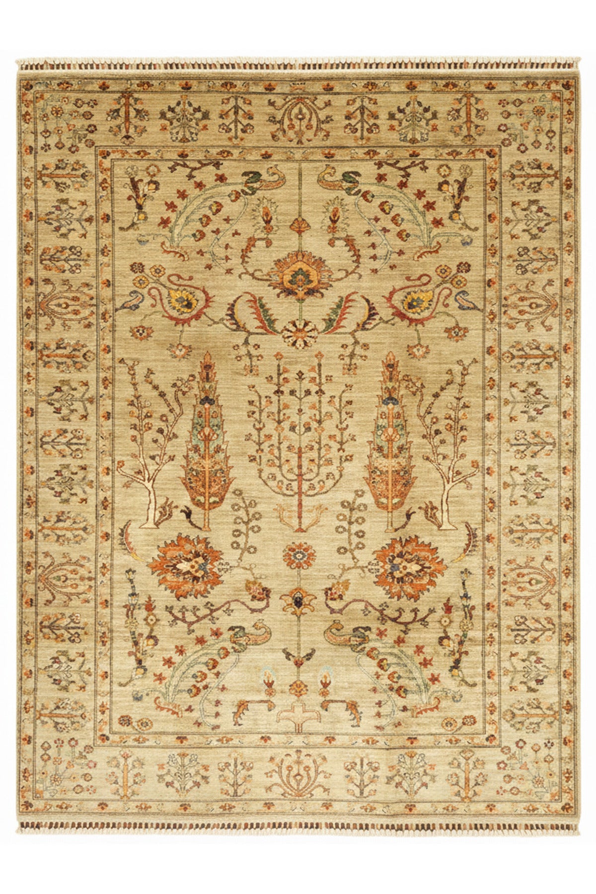 Sultani El Emeği Bej Desenli Saçaklı Anadolu Motifli Modern ve Geleneksel Salon Halısı - Krem