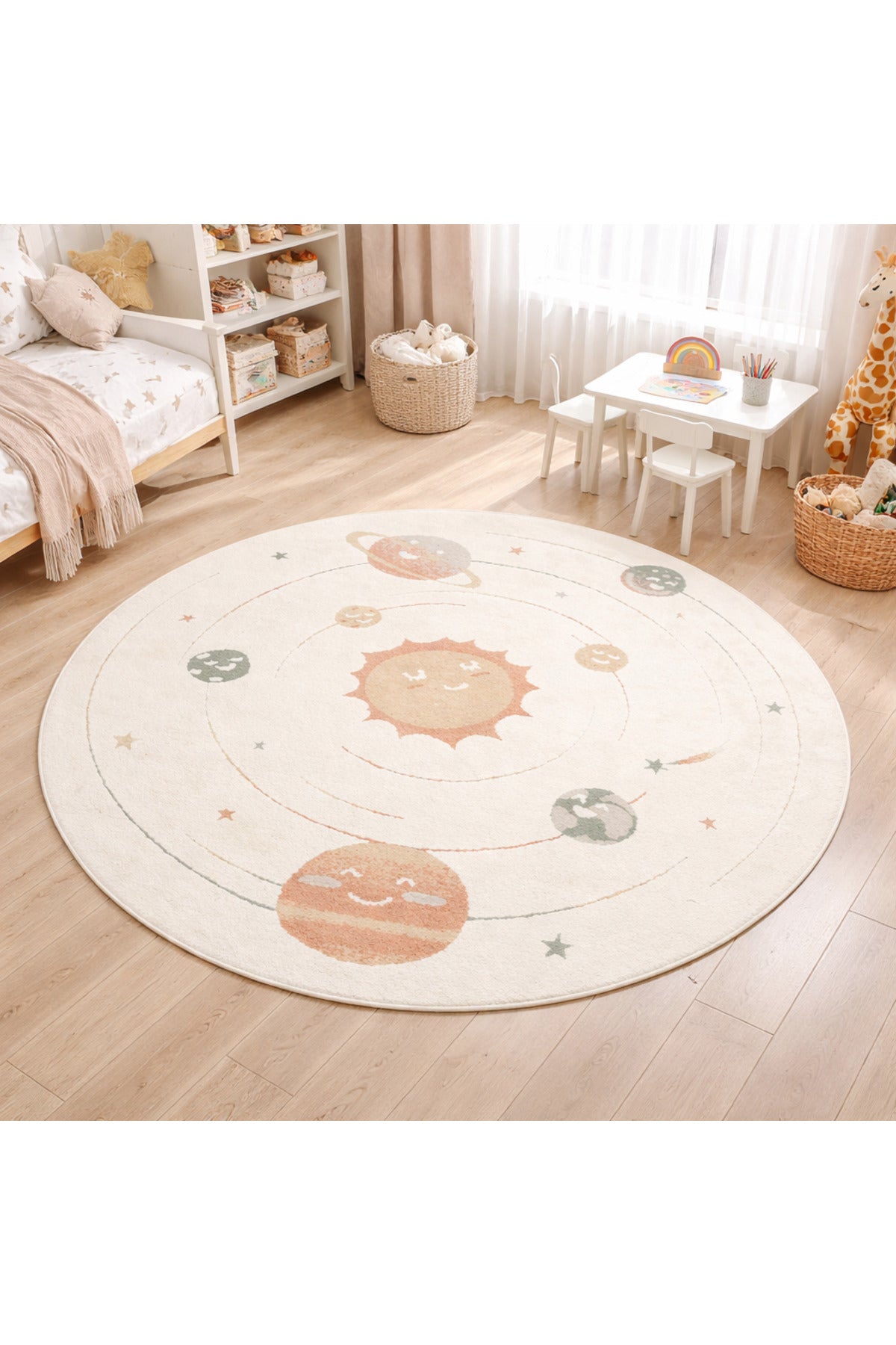 Petit Desenli Bej Renk Yuvarlak Toz Vermeyen Yumuşak Dokulu Makinede Yıkanabilir Çocuk Odası Halısı - Beyaz