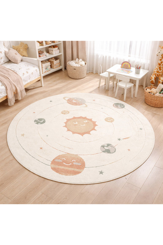 Petit Desenli Bej Renk Yuvarlak Toz Vermeyen Yumuşak Dokulu Makinede Yıkanabilir Çocuk Odası Halısı - Beyaz