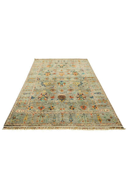 Sultani El Emeği Mavi Gri Desenli Saçaklı Anadolu Motifli Modern ve Geleneksel Salon Halısı - Gümüş