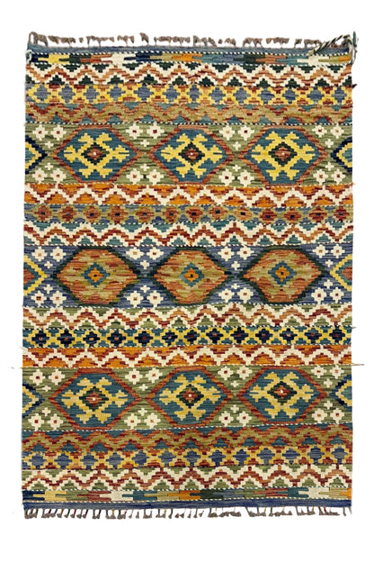 Miras Serisi Mavi Yeşil Kök Boya El Emeği Doğal İplik Etnik Desen Geleneksel Kilim Koleksiyonu - Mavi