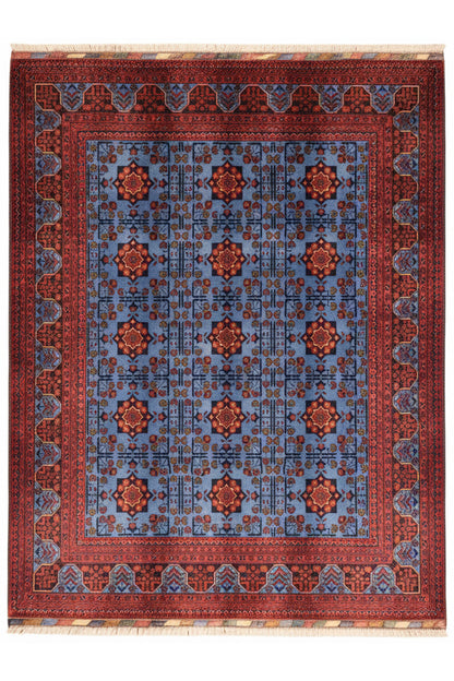 El Dokuma Bordo-Mavi Yıldız Model Afgan Biliçik Halısı %100 Yün Kök Boya Otantik Salon Halısı - Mavi