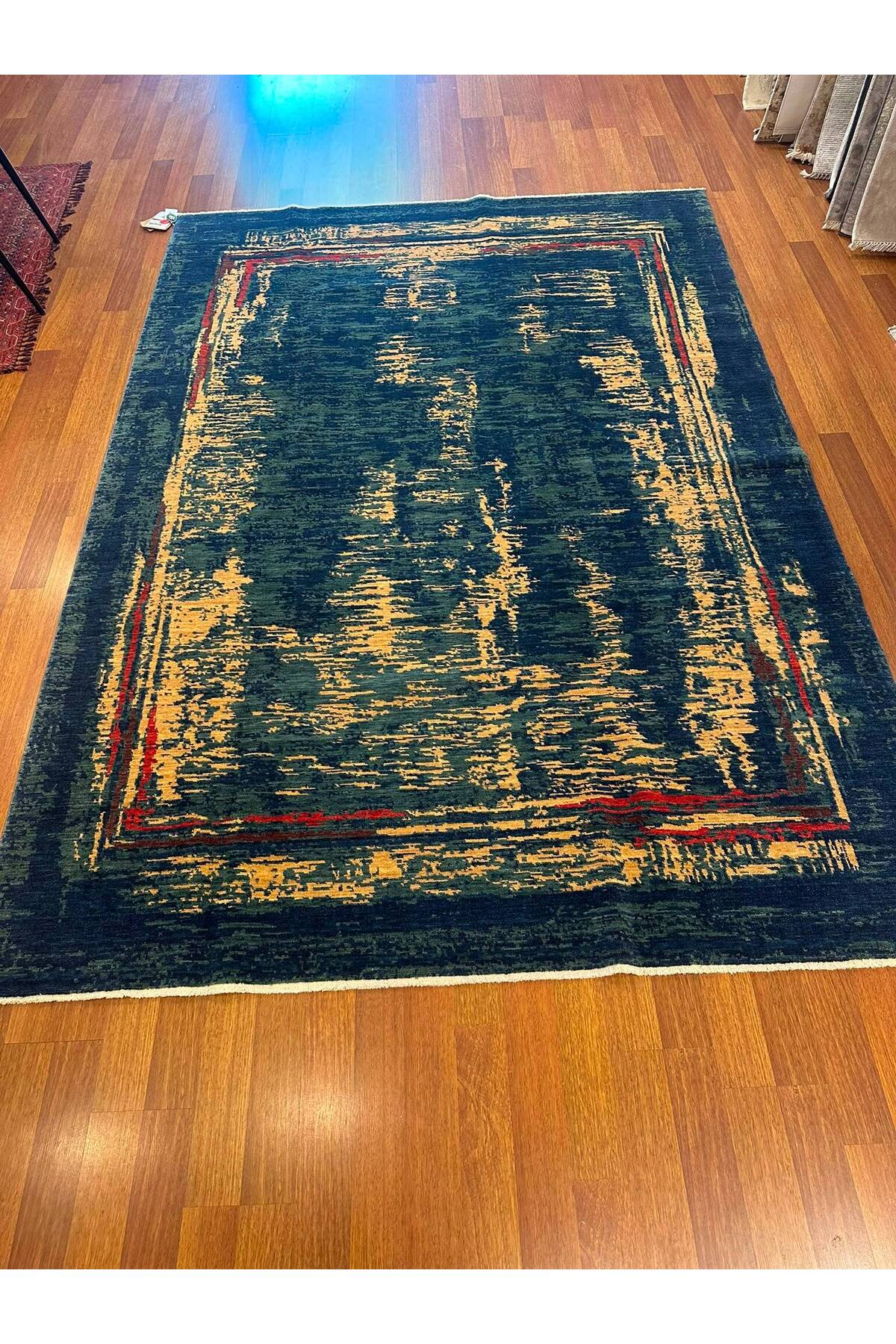Modern Soyut El Dokuma Lacivert Petrol Bej Eskitme Desenli Bordürlü Dekoratif Salon Halısı - Kırmızı