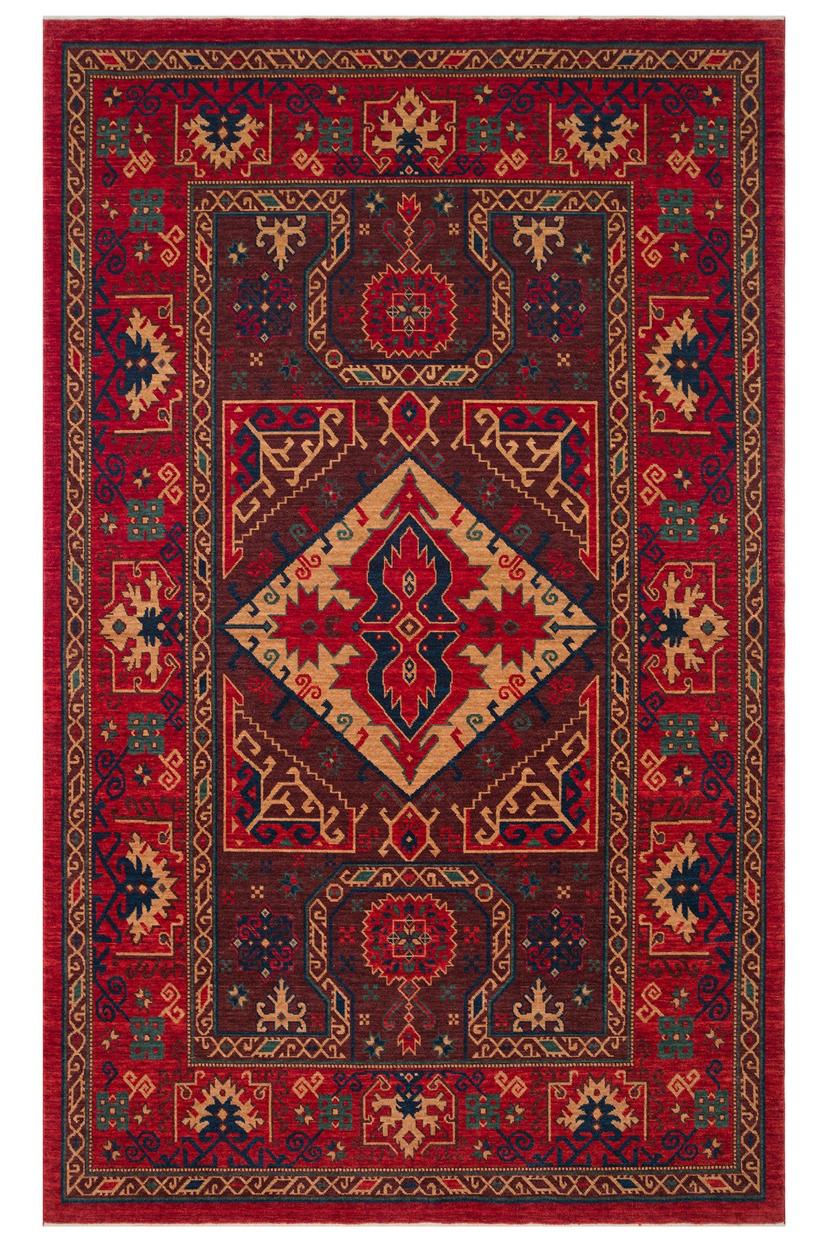 Rönesans El Emeği Etnik Motifli Vintage Kırmızı Yün Geleneksel Desenli Saçaklı Retro Salon Halısı