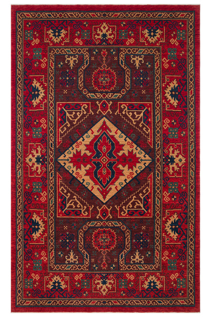 Rönesans El Emeği Etnik Motifli Vintage Kırmızı Yün Geleneksel Desenli Saçaklı Retro Salon Halısı