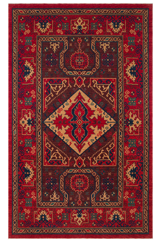 Rönesans El Emeği Etnik Motifli Vintage Kırmızı Yün Geleneksel Desenli Saçaklı Retro Salon Halısı