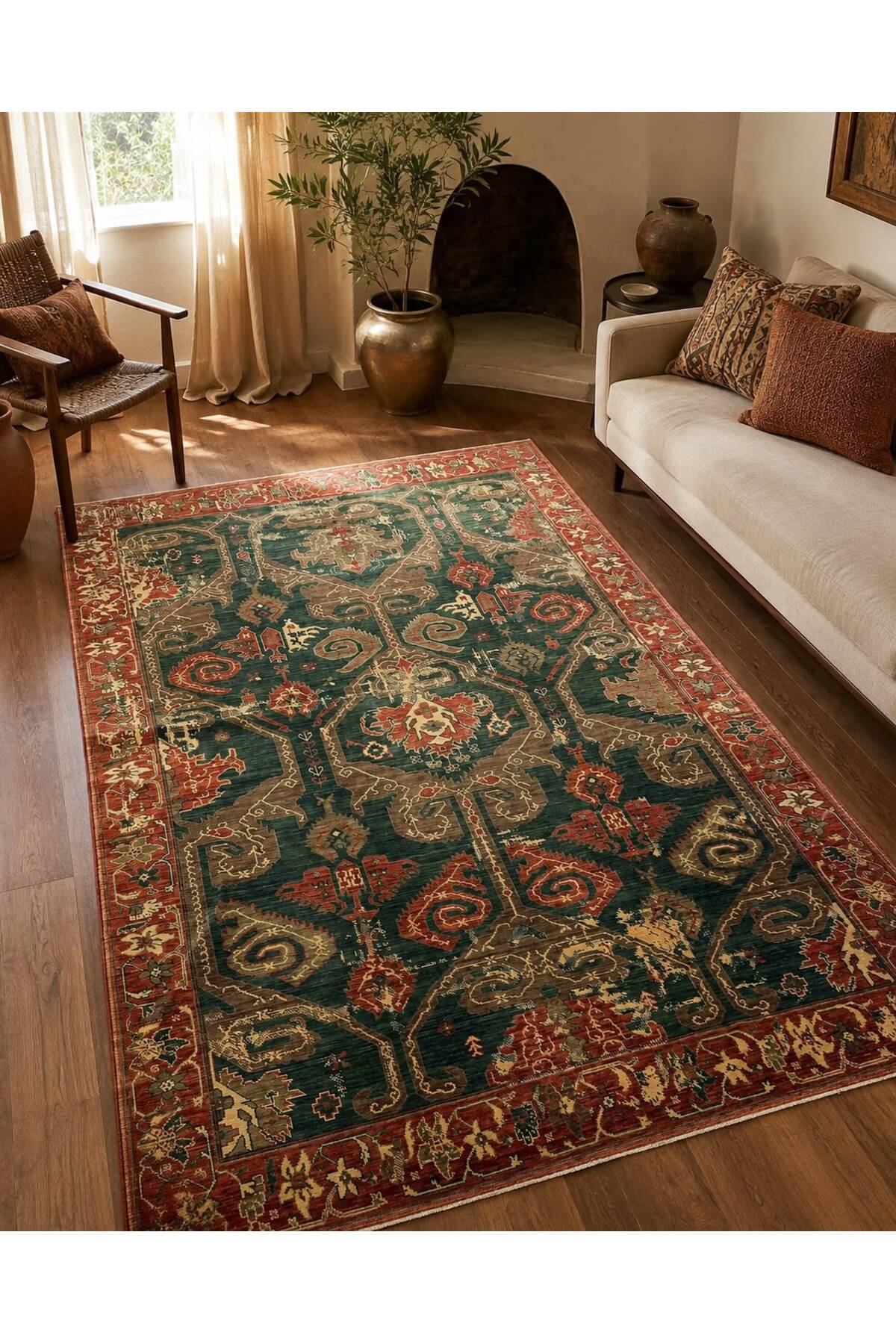 Etnik Motifli El Dokuma Yeşili Kiremit Geleneksel Desenli Salon Vintage Dekoratif Halı - Lacivert