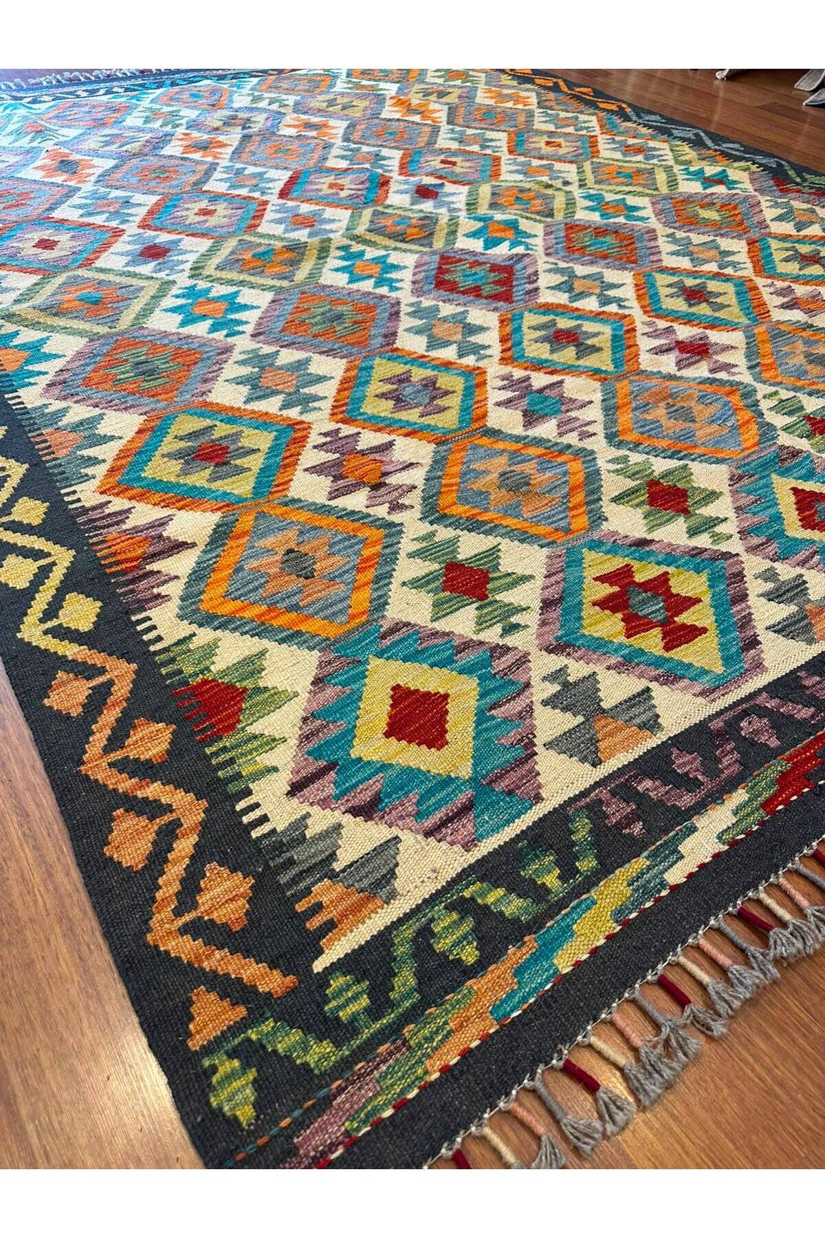 EFSANE El Dokuma Anadolu Desenli Kök Boya Kilim Vintage Etnik Bohem Salon Dekoratif Kilim - Turuncu