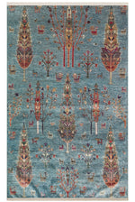 VERDA Blue Non-Slip Washable Rug with Ancient Tree of Life Pattern, Modern Thin Living Room Rug