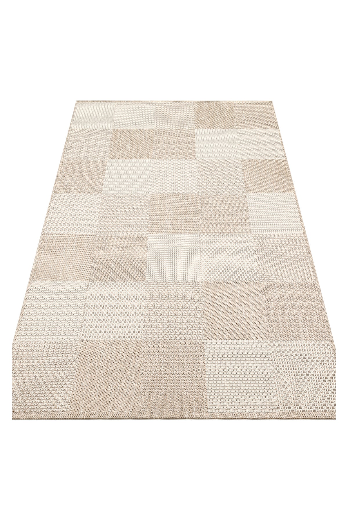 MERLİN Bej Patchwork Desenli Kaymaz Tabanlı Kilim Modern İskandinav Hav Vermeyen Salon Antre Halısı - Bej