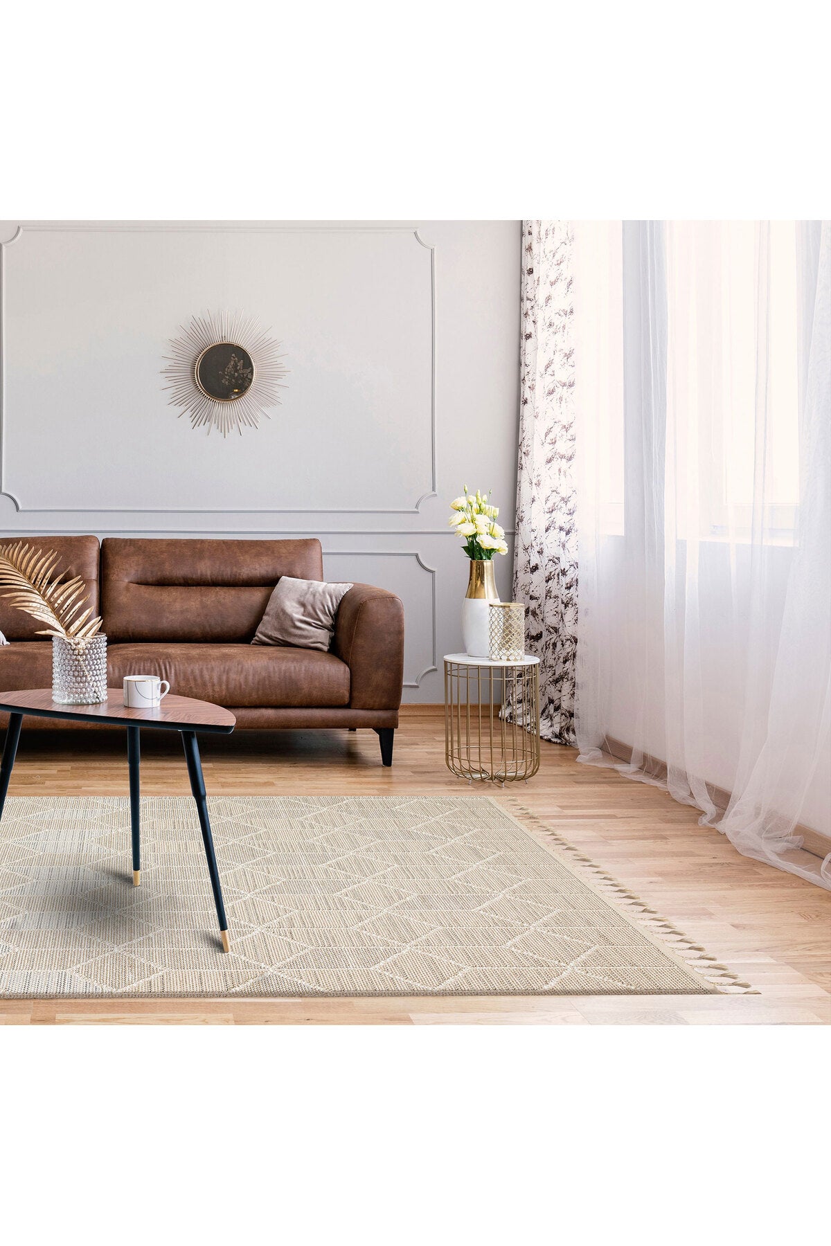 KELY Bej Geometrik Desenli Dokulu Modern Halı Hav Vermez Dokuma Salon Mutfak Koridor Halısı - Ekru