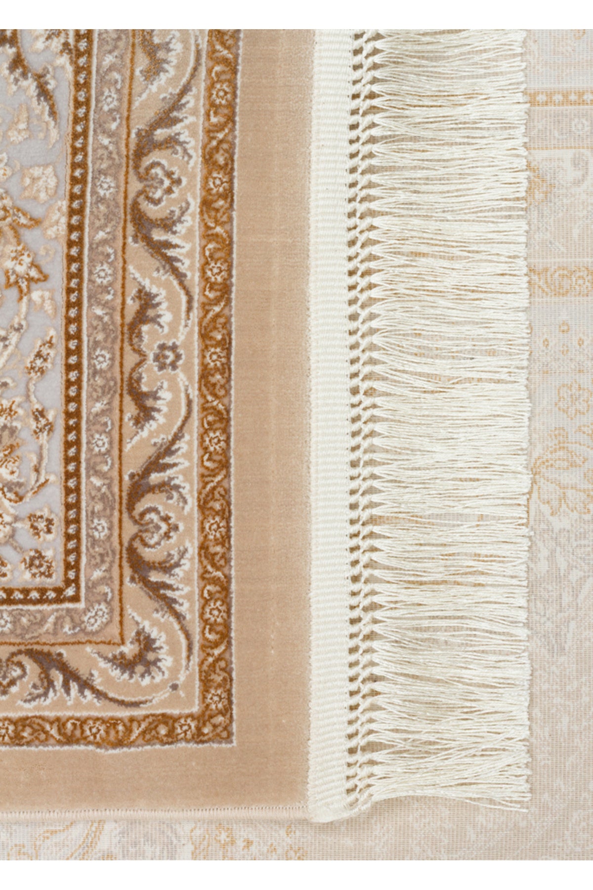 Safavi Klasik Etnik Desenli Bej Gold Akrilik Saçaklı Vintage Sık Dokuma Modern Salon Halısı - Bej