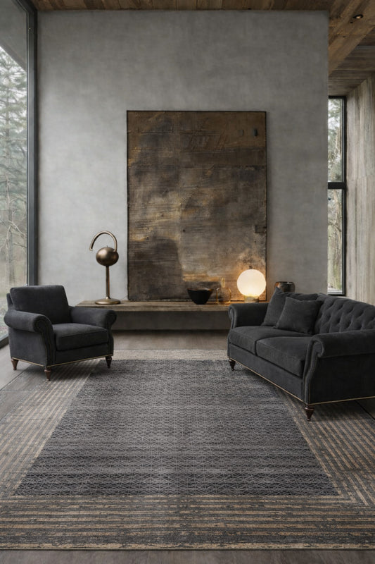 Palace Anthracite Gold Framed Viscose Living Room Rug, Fringed, Tightly Woven, Modern Patterned Machine-Made Rug - Gold